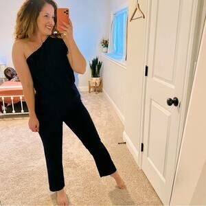 ML Monique Lhuillier Navy Blue White One Shoulder Jumpsuit 4